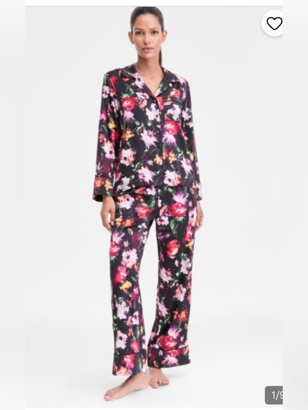 INC International Concepts XL Pajama Set Long Sleeve Black Floral Button PJs